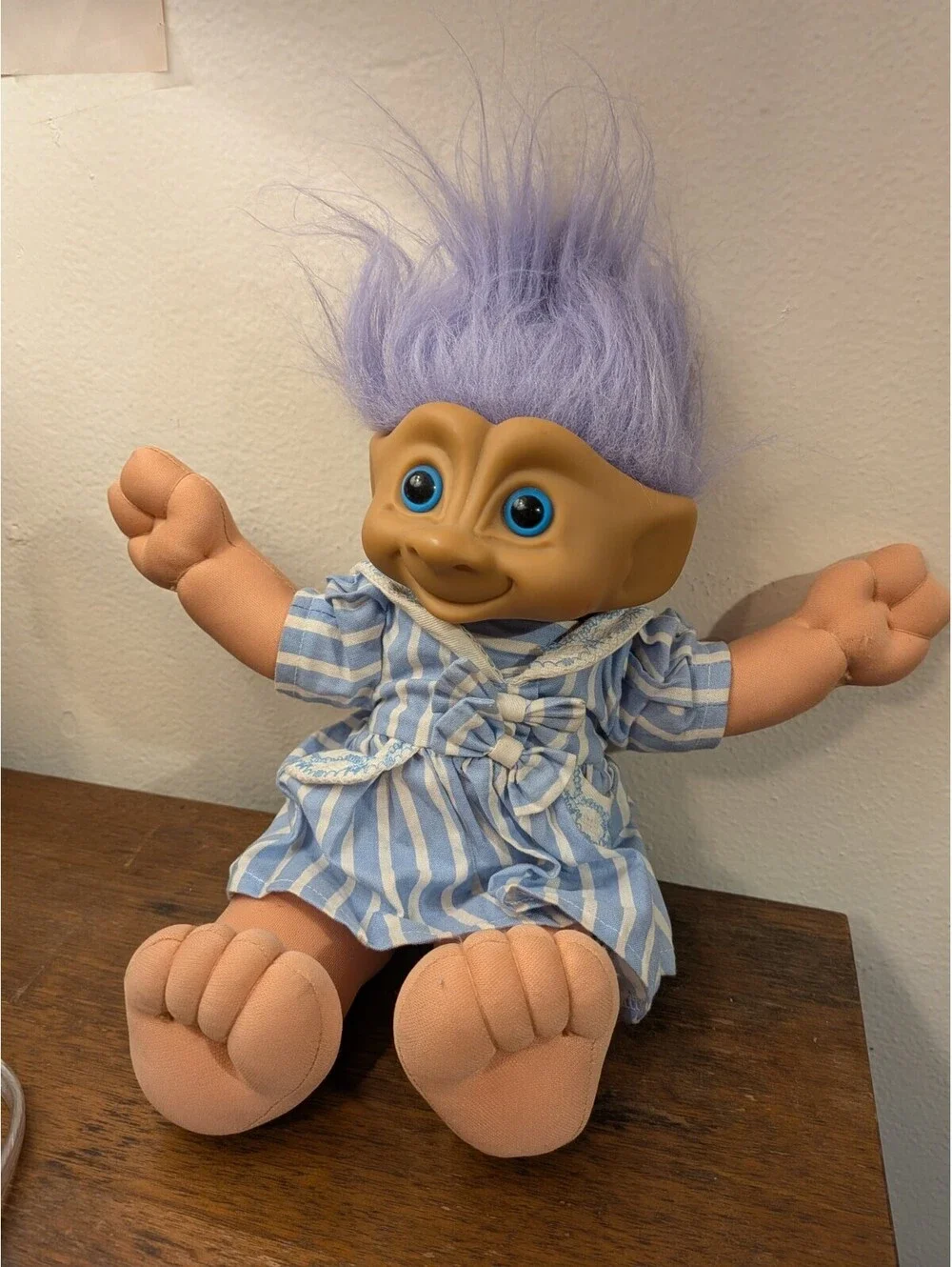 Vintage 1991 Treasure Troll Plush Doll Purple Hair Blue Eyes Blue Gem 13